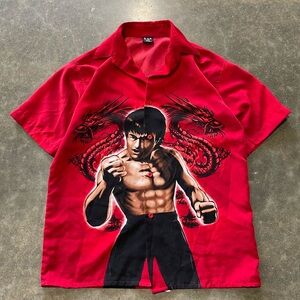 VINTAGE Bruce Lee Shirt Mens 10-12 Red Button Up Martial Arts Dragon Y2K